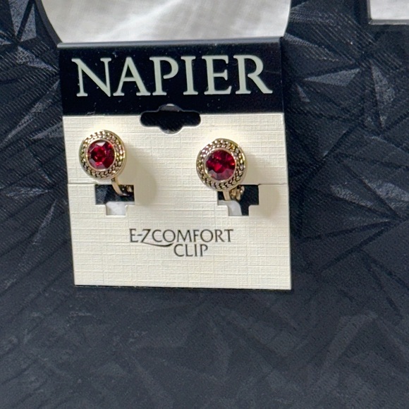 Napier Gold & Garnet Red Comfort Clip Earrings NWT Gifts - Picture 5 of 10